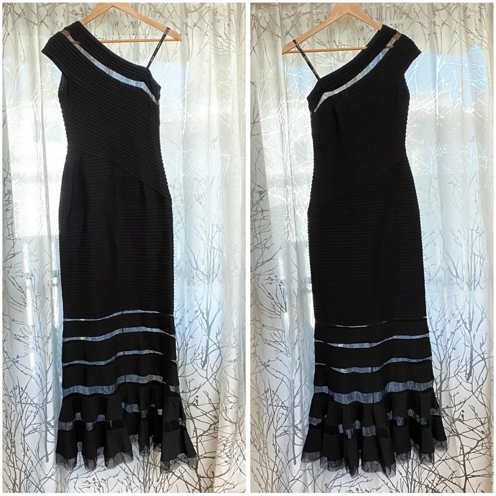 TADASHI SHOJI BLACK RIBBED ONE SHOULDER FLARE MERMAID BOTTOM DRESS GOWN - Picture 2 of 10